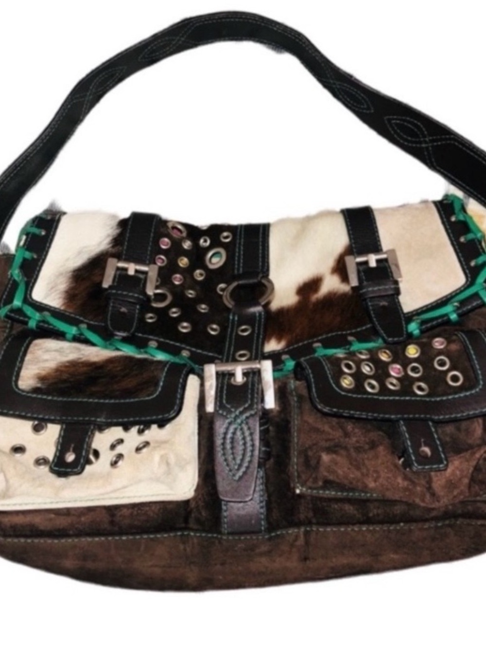 Luela Rawhide Bag Women’s Studded Cowhide Shoulder Bag in Brown, Black & Cream